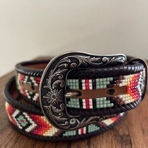 Beaded Western belt with silver buckle